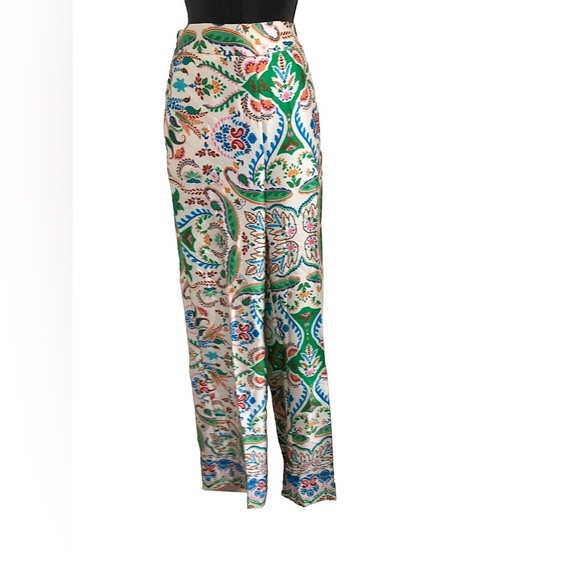 Rachel Zoe white blue green multi satin effect banded waist pants size small new - Picture 1 of 12
